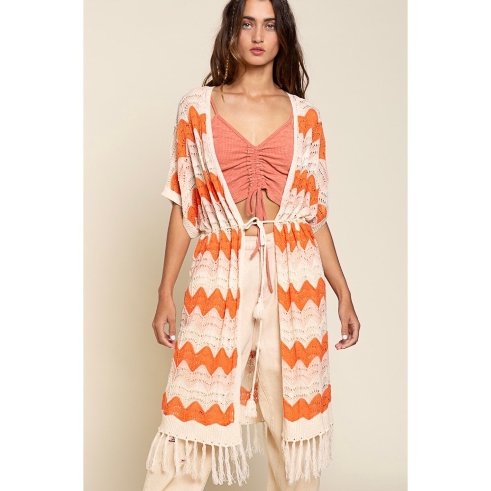 POL Cream & Orange Striped Crochet Cardigan with Fringe - Picture 7 of 8